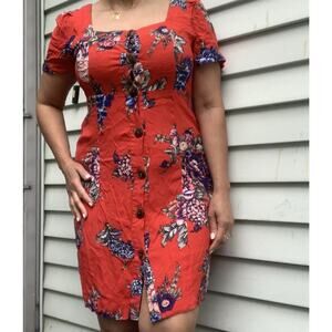 Maeve by Anthopologie Caldwell Button Red Floral Short Puff Sleeve Dress 12